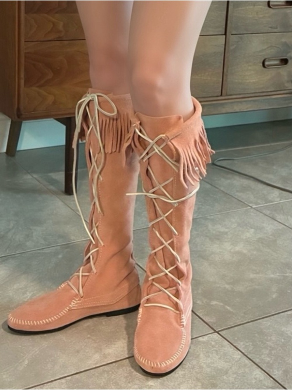 Fringe Lace-Up Knee-High Moccasin Boots - Peach Suede